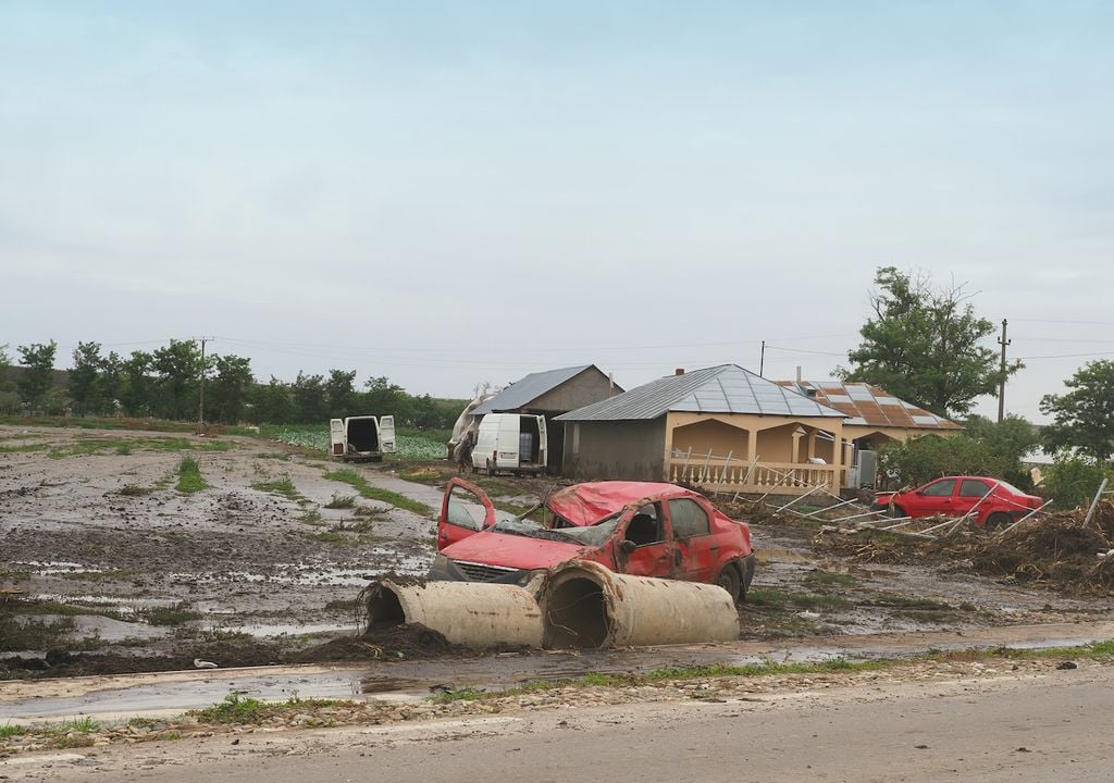 Houses and cars destroyed by floods caused by storm Boris in Galati, Cudalbi, Romania.