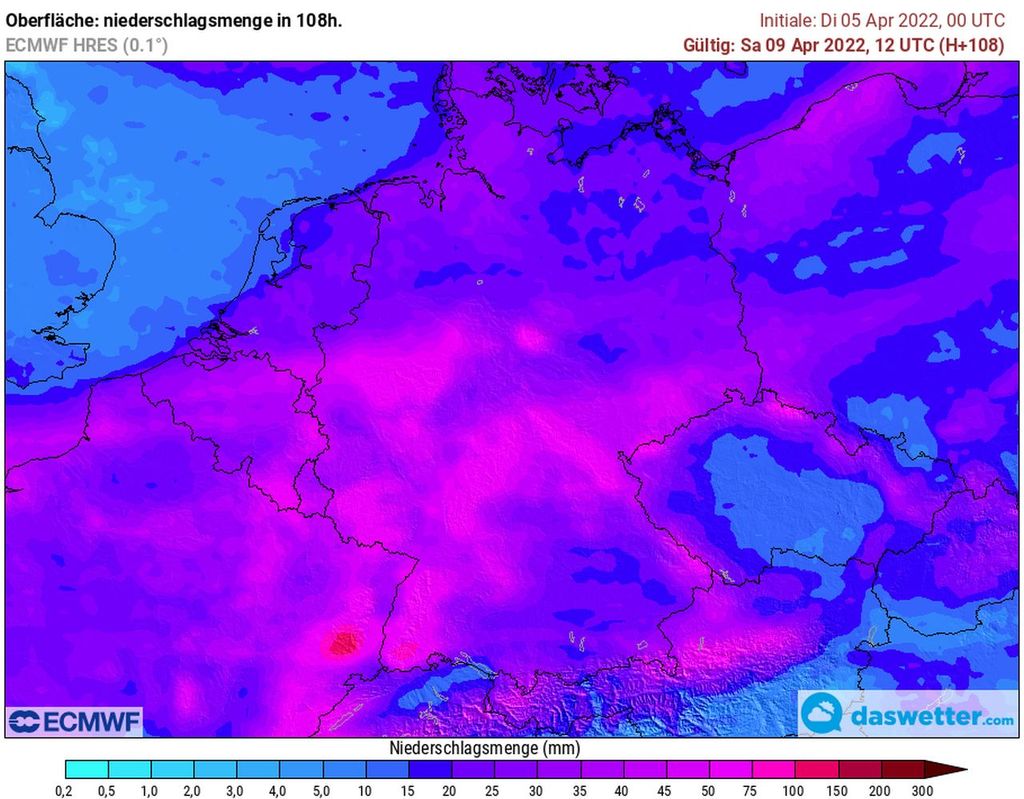 Niederschlagssummen bis Samstag, den 09.04.2022