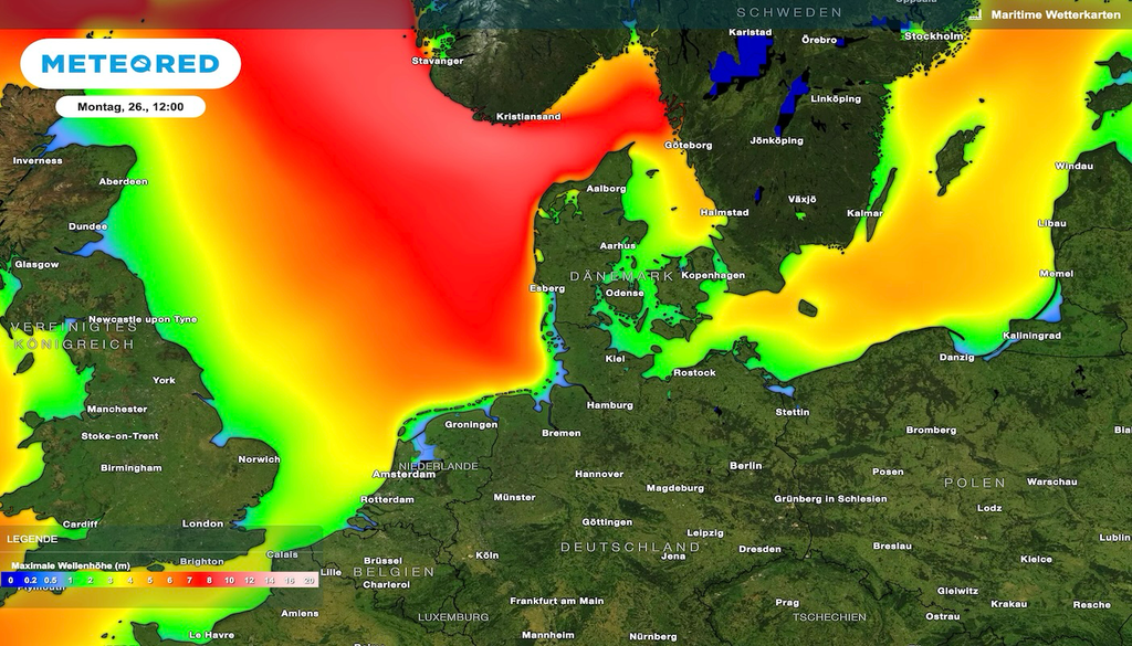 maximalen Wellenhöhen, Nordsee, Karte, Wellenhöhen, Wasserstand, Sturmflut Die vorhergesagten maximalen Wellenhöhen für Montag, 26. Oktober, um 12 Uhr zeigen hohen Seegang auf der offenen Nordsee. Wichtig: Die Karte stellt die Wellenhöhen dar, nicht den erhöhten Wasserstand durch die Sturmflut. Quelle: Meteored.