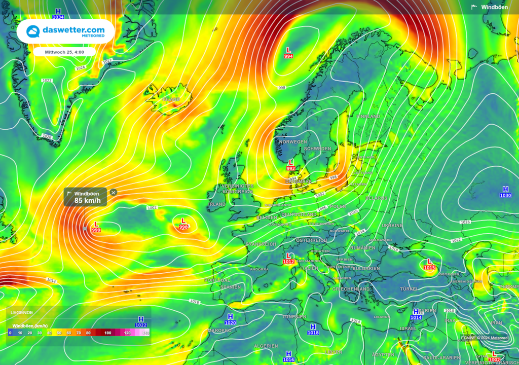 meteoered-Wetterkarte für Mittwoch, 25.09. 04 Uhr mit den prognostizierten Windspitzen. Sturmtiefs sorgen für Windböen über 80-85 km/h.