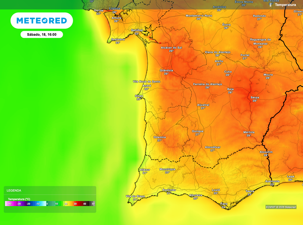 Temperaturas elevadas no distrito de Beja durante a tarde de sábado, com valores a atingir 28 a 29 °C nas regiões do interior, evidenciando o pico do aquecimento desta semana.