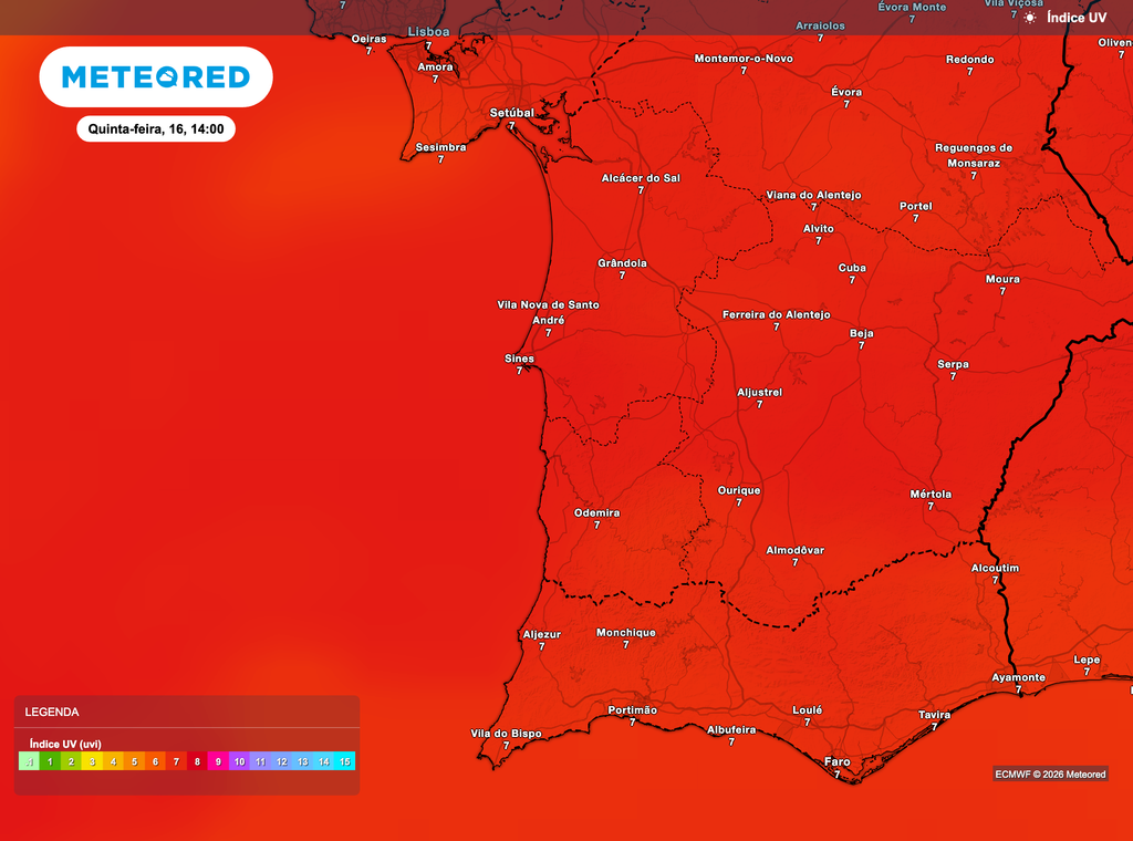 Índice UV elevado no distrito de Beja durante as horas centrais do dia, com valores próximos de 7, indicando forte radiação solar sob condições de céu pouco nublado.