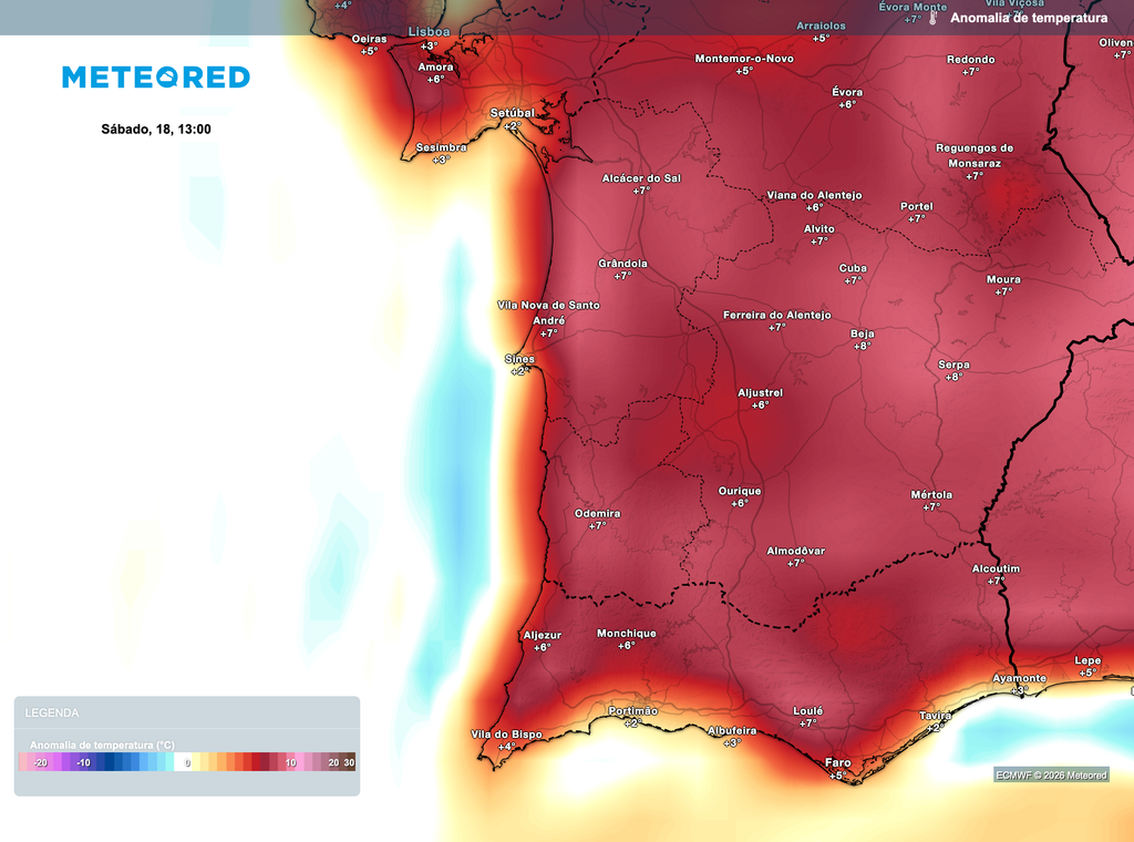 Desvio positivo significativo da temperatura face ao normal climatológico no sul do país, com valores até +7/8 °C, refletindo a influência de ar mais quente associado à crista subtropical.