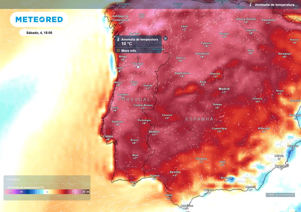 A distribuição dos valores de anomalia térmica entre sábado e domingo será idêntica, não contando com oscilações significativas, esperando-se, assim, a manutenção de temperaturas máximas elevadas em todo o país, em ambos os dias.