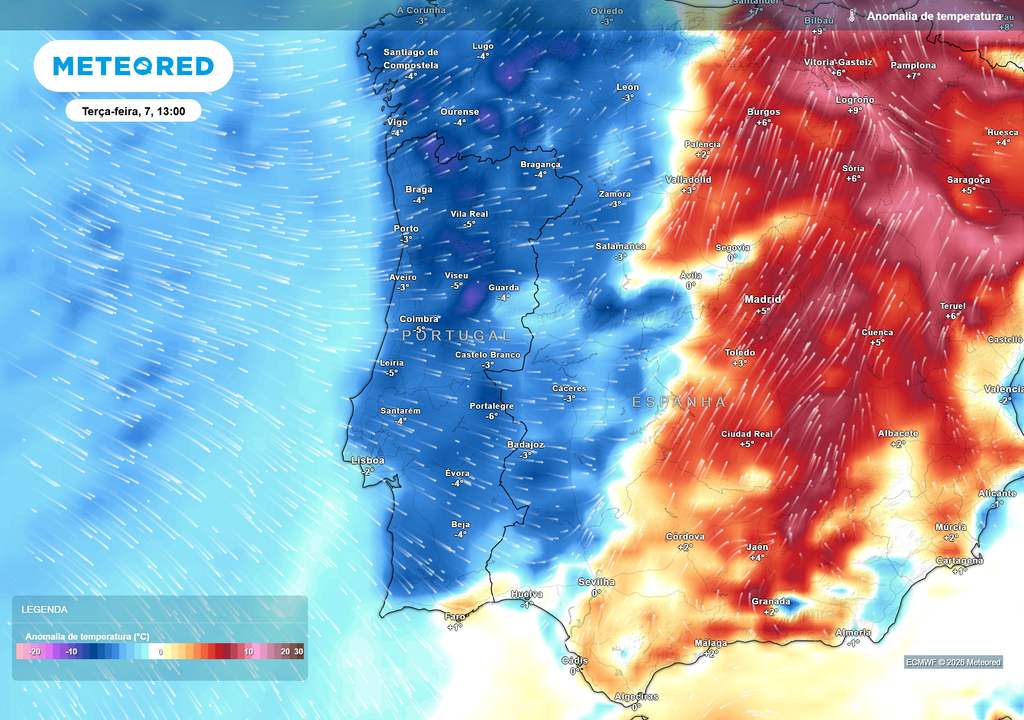 Na terça-feira o cenário térmico irá mudar bruscamente em Portugal, passando de um continente repleto de anomalias positivas elevadas para outro completamente oposto, registando valores abaixo da média.