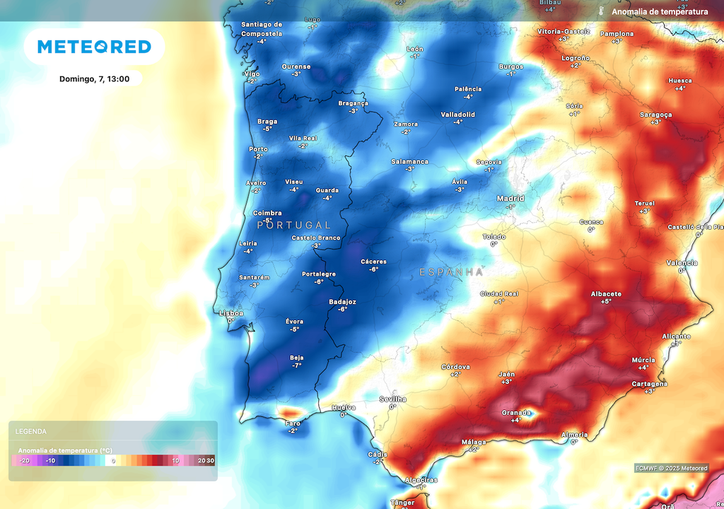 Descida das temperaturas no domingo, com anomalia térmica negativa. Descida das temperaturas no domingo, com anomalia térmica negativa.