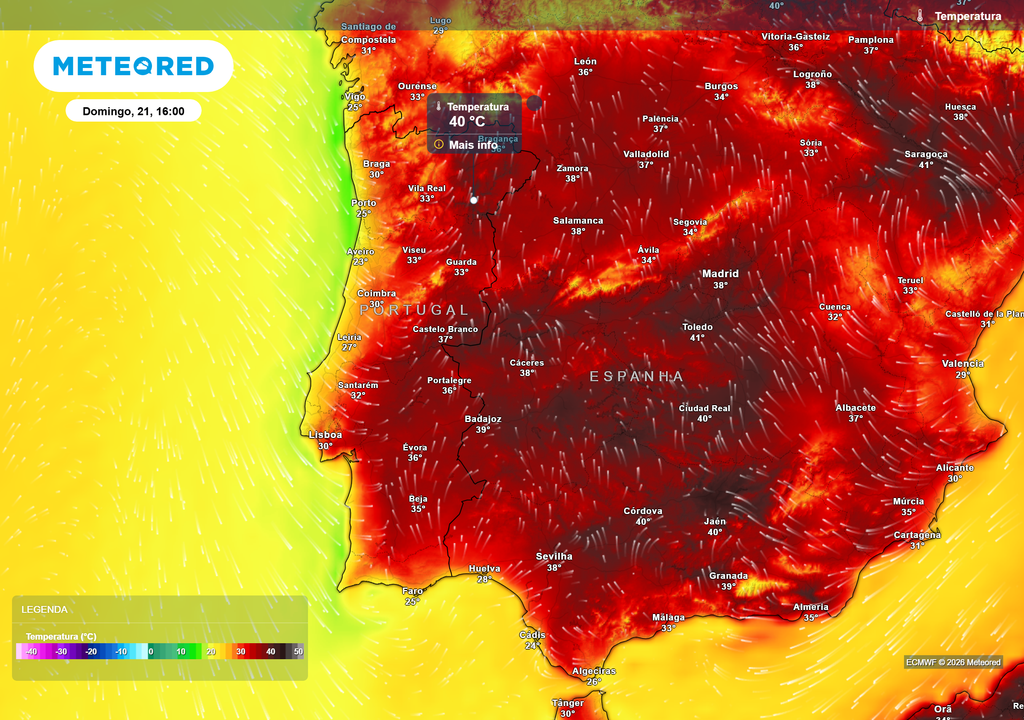 temperatura do ar à superfície Ainda que no sábado as temperaturas também sejam elevadas em praticamente todo o país, no domingo denota-se um aquecimento sobretudo no interior Norte e Centro, com fluxo predominante de sul.
