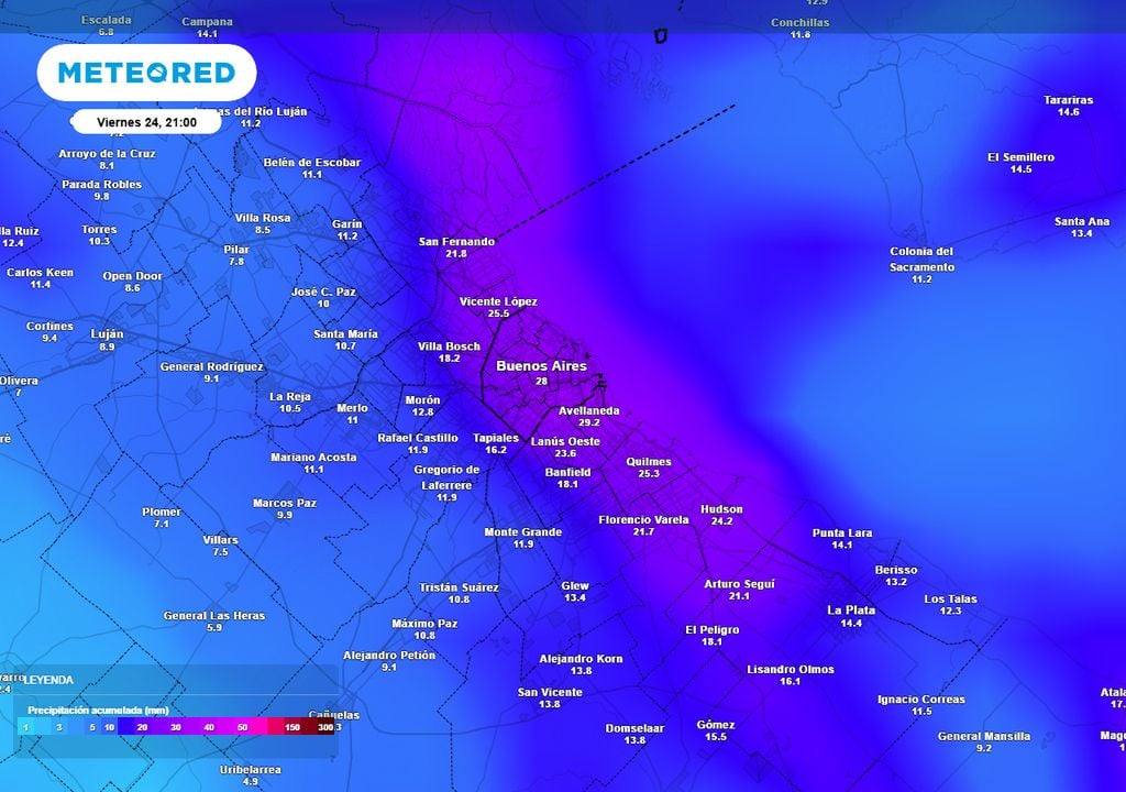 Precipitación acumulada Precipitación acumulada hasta la noche del viernes 24 en el AMBA, con base en el modelo de referencia de Meteored.
