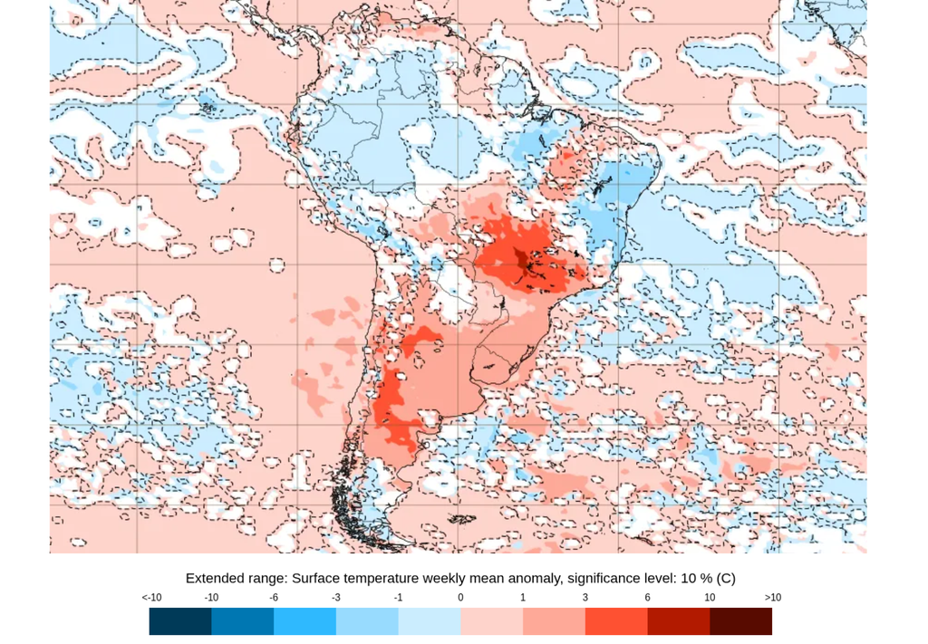 Previsão de anomalia semanal de temperatura de acordo com o ECMWF. Créditos: Adaptado de ECMWF. Previsão de anomalia semanal de temperatura de acordo com o ECMWF. Créditos: Adaptado de ECMWF.