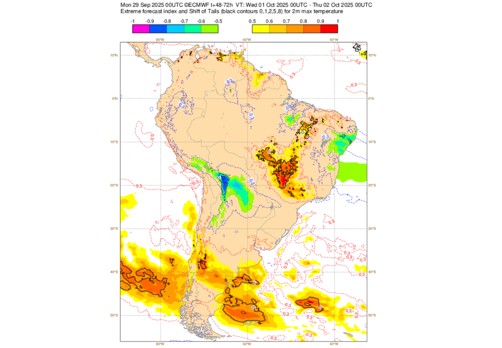 EFI do ECMWF para a temperatura máxima nesta quarta-feira (1). Créditos: Adaptado de ECMWF. EFI do ECMWF para a temperatura máxima nesta quarta-feira (1). Créditos: Adaptado de ECMWF.