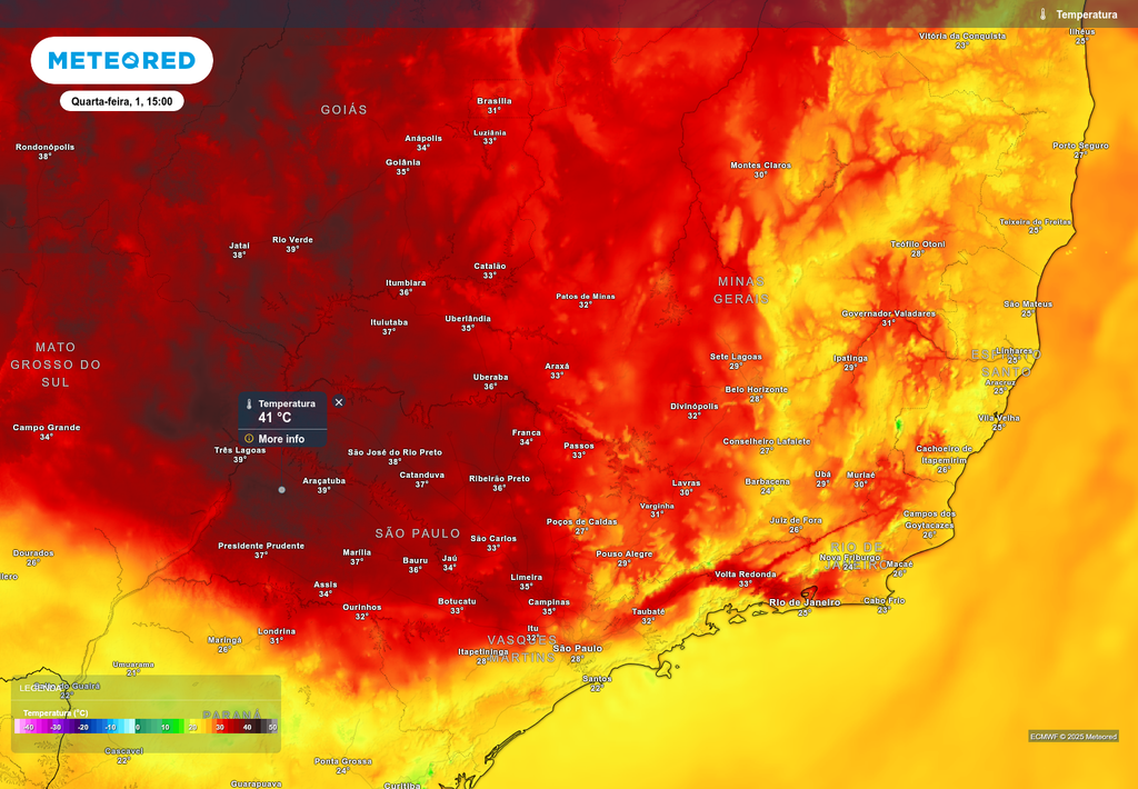 Previsão de temperatura máxima nesta quarta-feira (1), de acordo com o ECMWF. Previsão de temperatura máxima nesta quarta-feira (1), de acordo com o ECMWF.