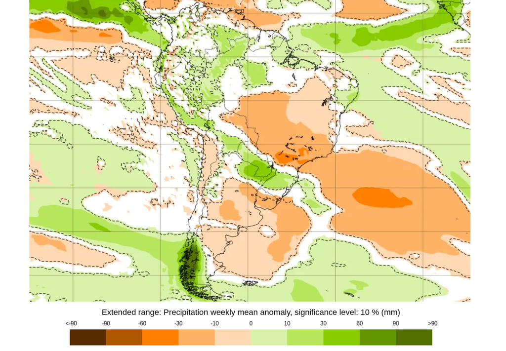 Previsão de anomalia semanal de chuva. Créditos: Adaptado de ECMWF. Previsão de anomalia semanal de chuva. Créditos: Adaptado de ECMWF.