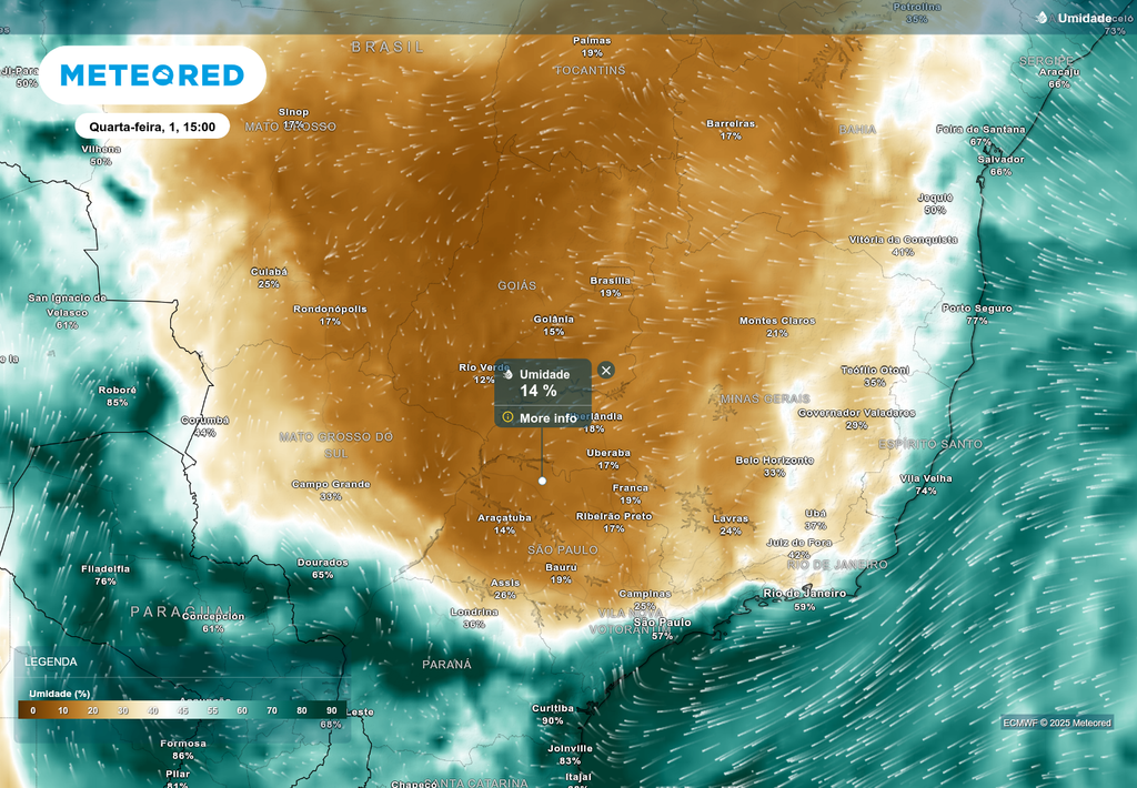 Previsão de umidade relativa do ar nesta quarta-feira (1), de acordo com o ECMWF. Previsão de umidade relativa do ar nesta quarta-feira (1), de acordo com o ECMWF.