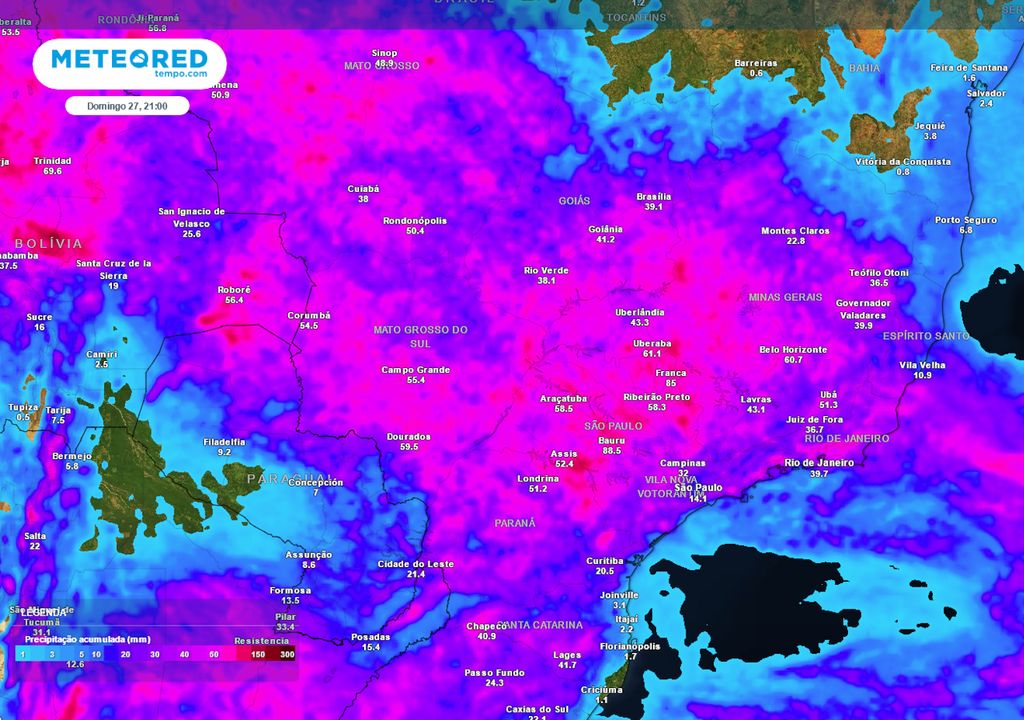 Previsão de acumulados totais de chuva até Domingo Previsão de acumulados totais de chuva até Domingo