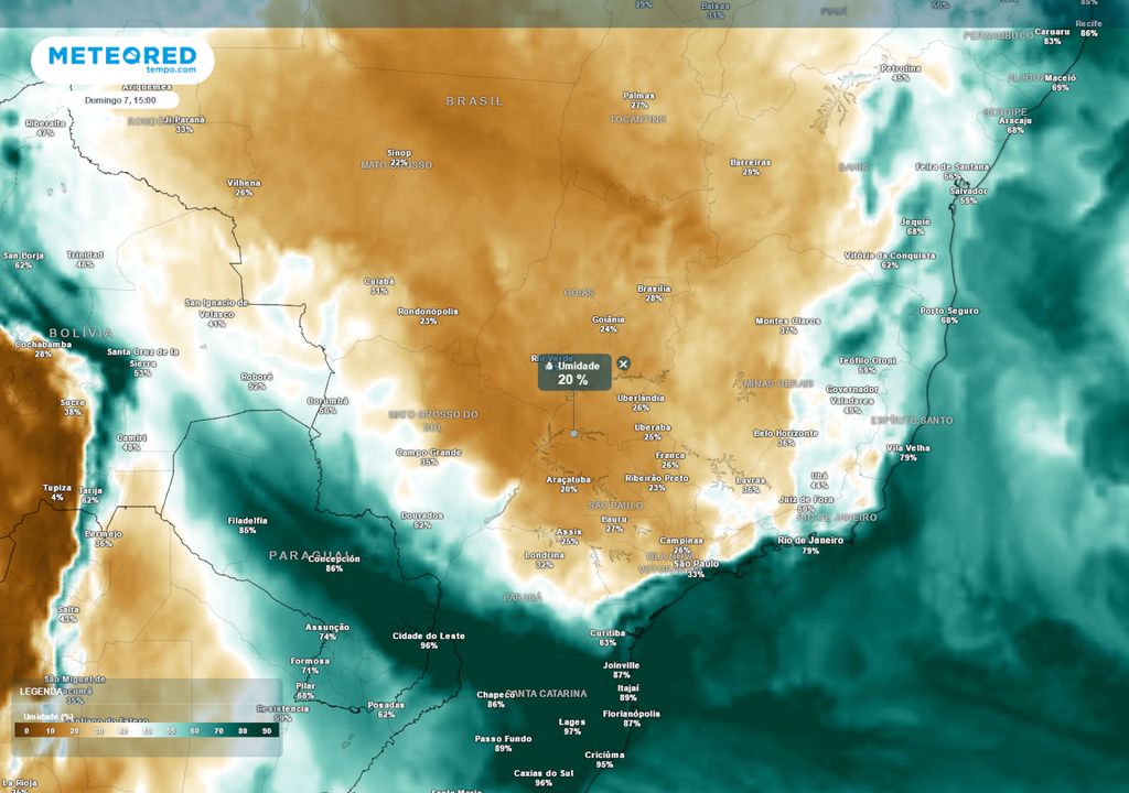Previsão de umidade relativa mínima no domingo