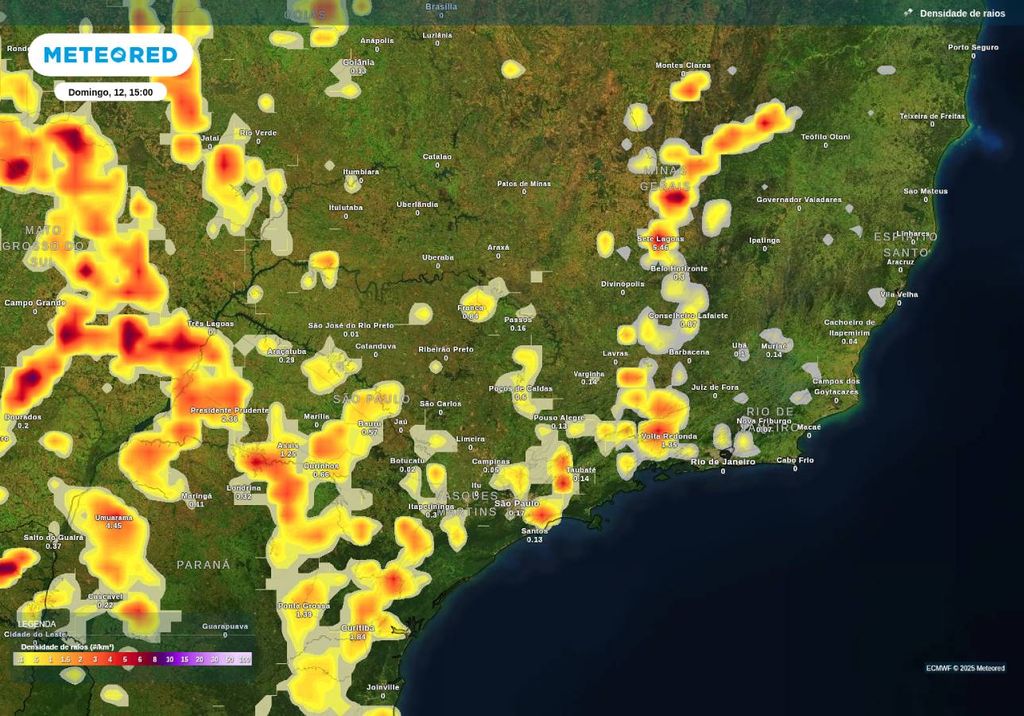 Previsão de tempestades no domingo (12), de acordo com o ECMWF. Previsão de tempestades no domingo (12), de acordo com o ECMWF.