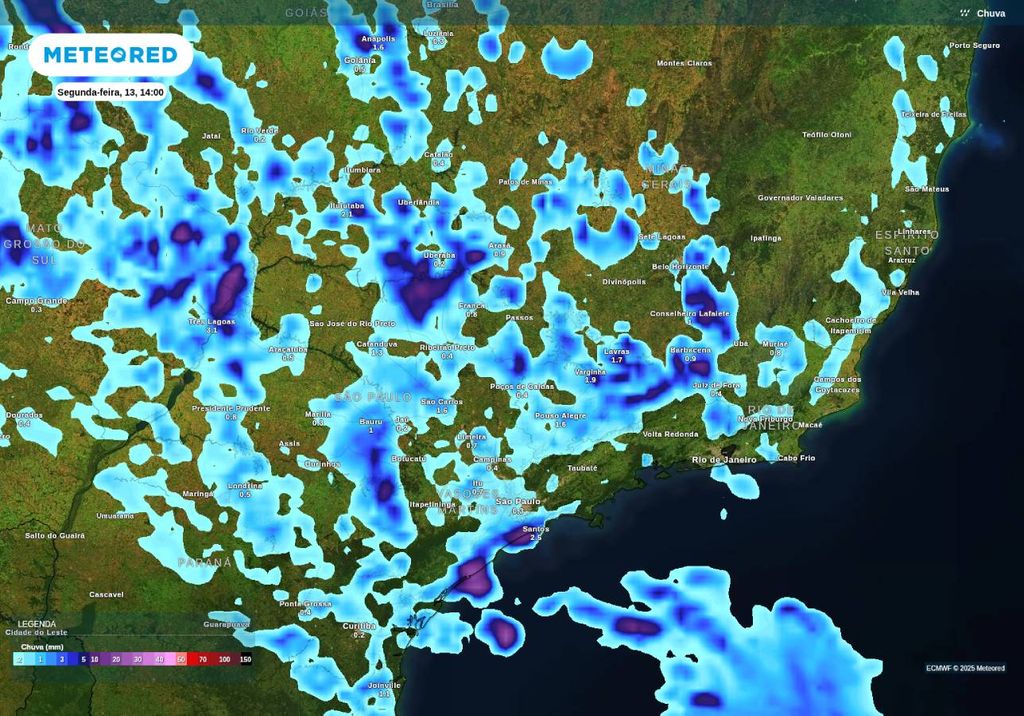 Previsão de chuva nesta segunda-feira (13), de acordo com o ECMWF. Previsão de chuva nesta segunda-feira (13), de acordo com o ECMWF.