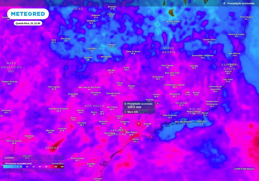 Previsão de chuva acumulada até a próxima quarta-feira (15), de acordo com o ECMWF. Previsão de chuva acumulada até a próxima quarta-feira (15), de acordo com o ECMWF.