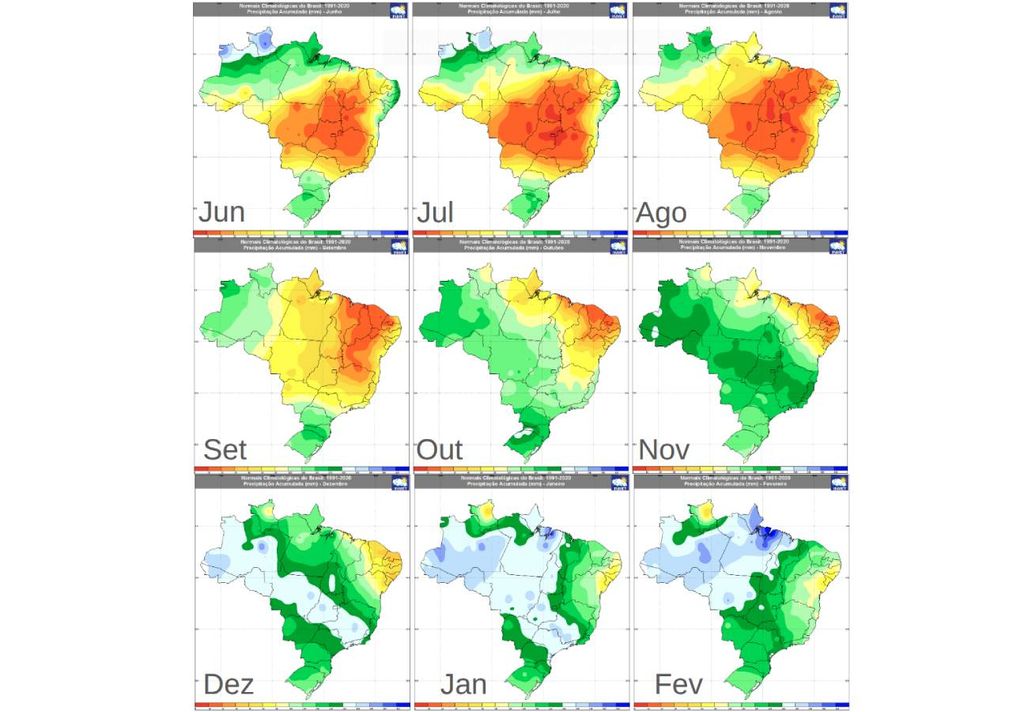 Normais climatológicas da precipitação (1991-2020). Créditos: Meteored/Adaptado de INMET. Normais climatológicas da precipitação (1991-2020). Créditos: Meteored/Adaptado de INMET.