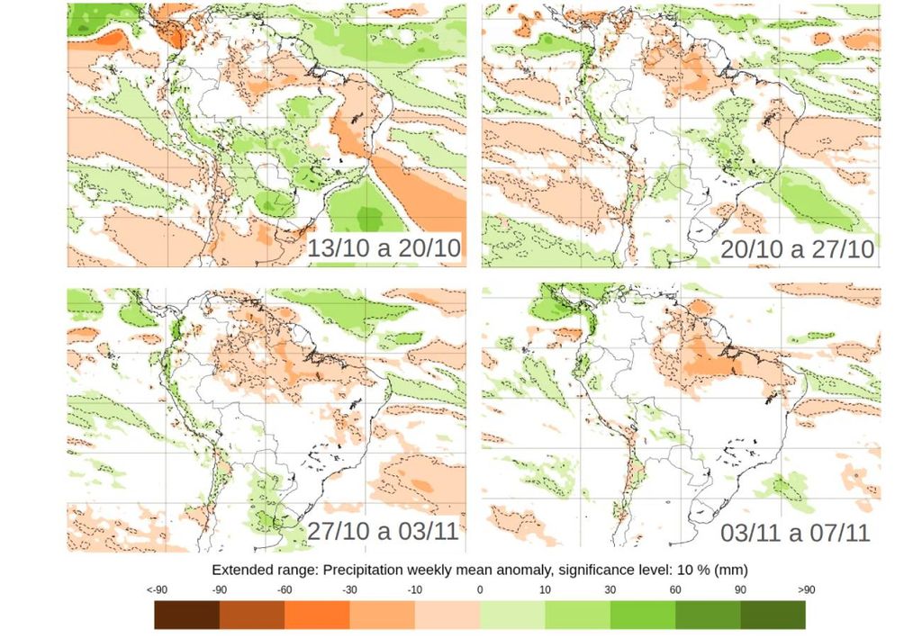 Previsão de anomalia semanal de precipitação de acordo com o ECMWF. Créditos: Adaptado de ECMWF. Previsão de anomalia semanal de precipitação de acordo com o ECMWF. Créditos: Adaptado de ECMWF.
