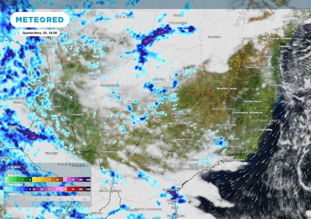 Previsão de ventos, nebulosidade e chuva na quinta-feira.