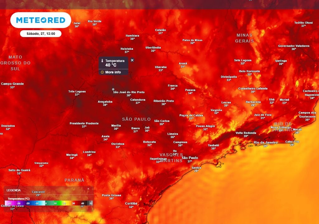 Previsão de temperaturas máximas no sábado.