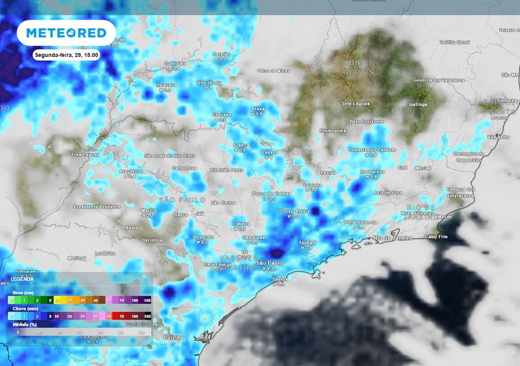 Previsão de nebulosidade e chuva na segunda-feira durante a tarde.
