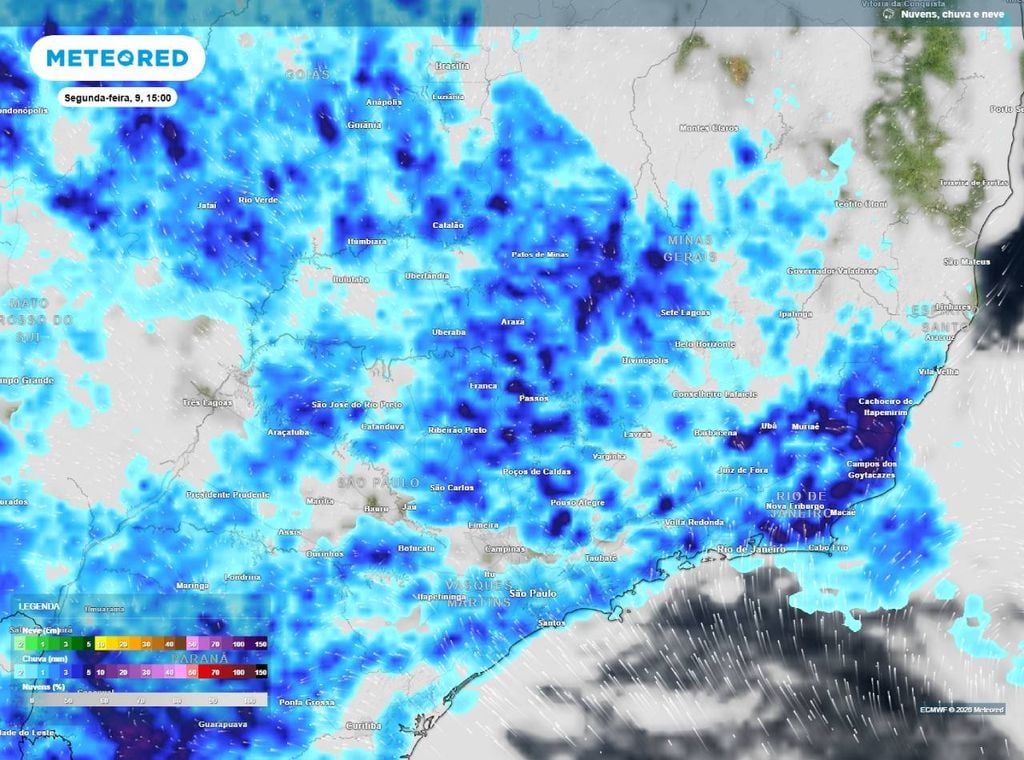 Previsão de precipitação (em mm) para a segunda-feira (9) à tarde (15h), segundo o modelo europeu ECMWF.