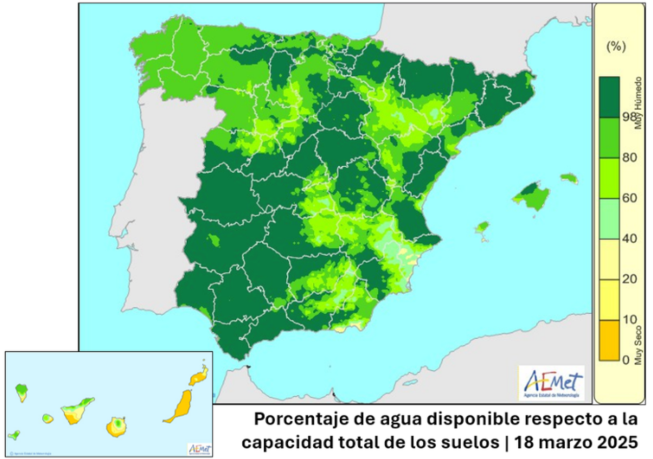 Porcentaje de agua disponible respecto a la capacidad total de los suelos a fecha de 18 de marzo de 2025: las zonas en verde oscuro representan suelos casi saturados. AEMET