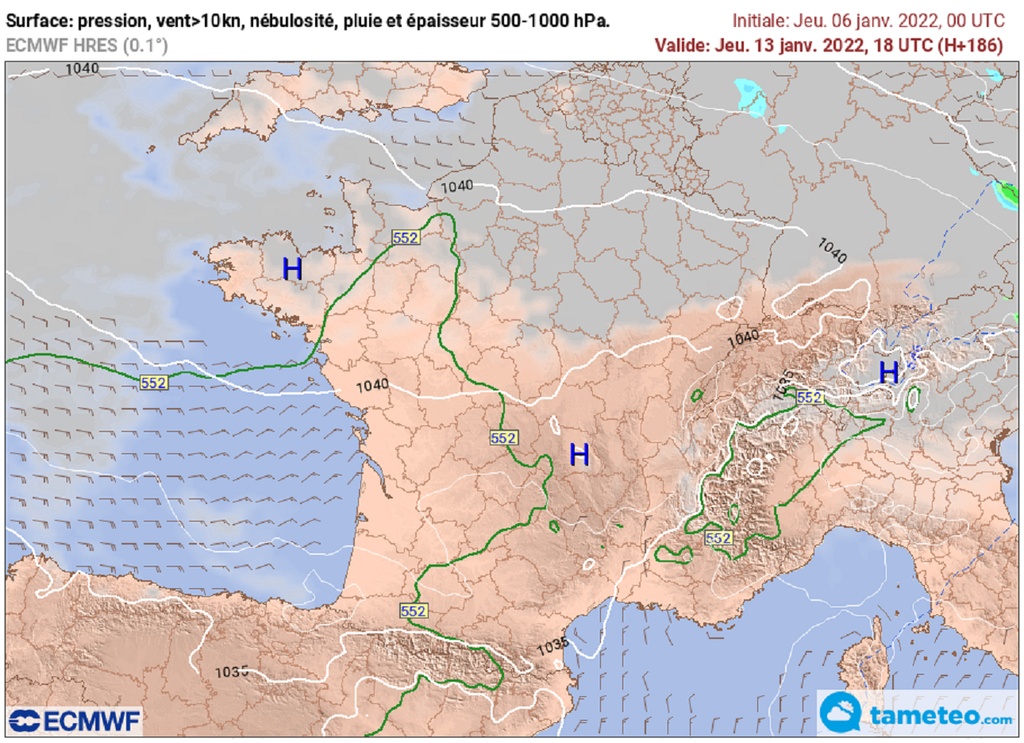 Situation prévue jeudi 13 janvier avec un anticyclone solidement installé sur la France. Situation prévue jeudi 13 janvier avec un anticyclone solidement installé sur la France.