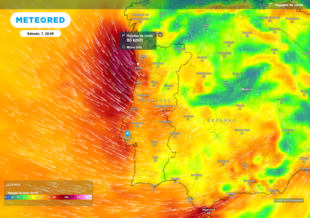 Rajadas de vento previstas para a noite de sábado (7), com a passagem do núcleo depressivo associado à tempestade Marta a intensificar o vento no litoral Norte e Centro irá manter-se forte.