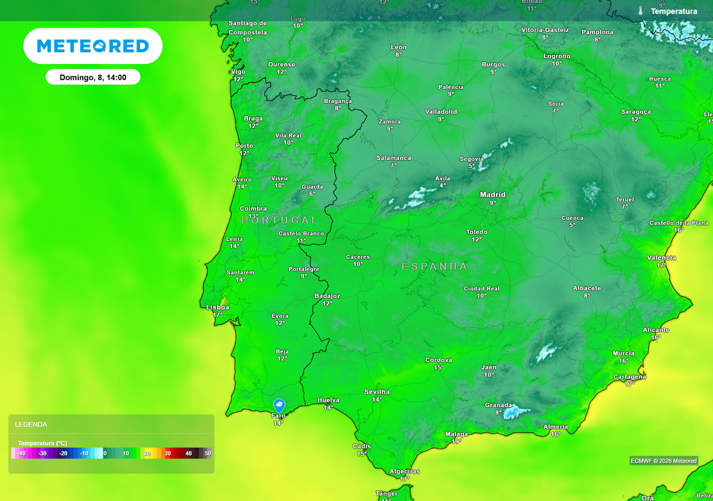 Distribuição dos valores de temperatura às 14h de domingo.