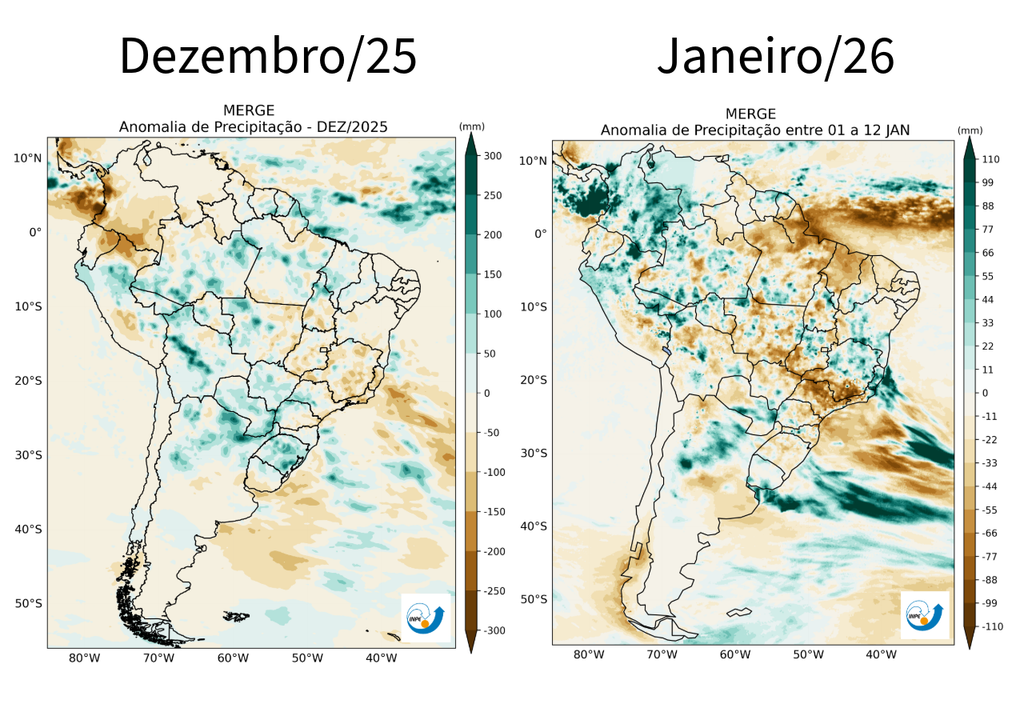 Anomalia de precipitação (mm) em dezembro de 2025 (esquerda) e janeiro de 2026 (direita). Créditos: Adaptado de CPTEC/INPE.