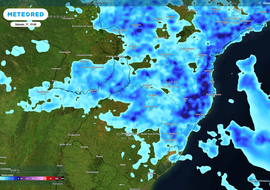 Previsão de chuva neste sábado (17), de acordo com o ECMWF.