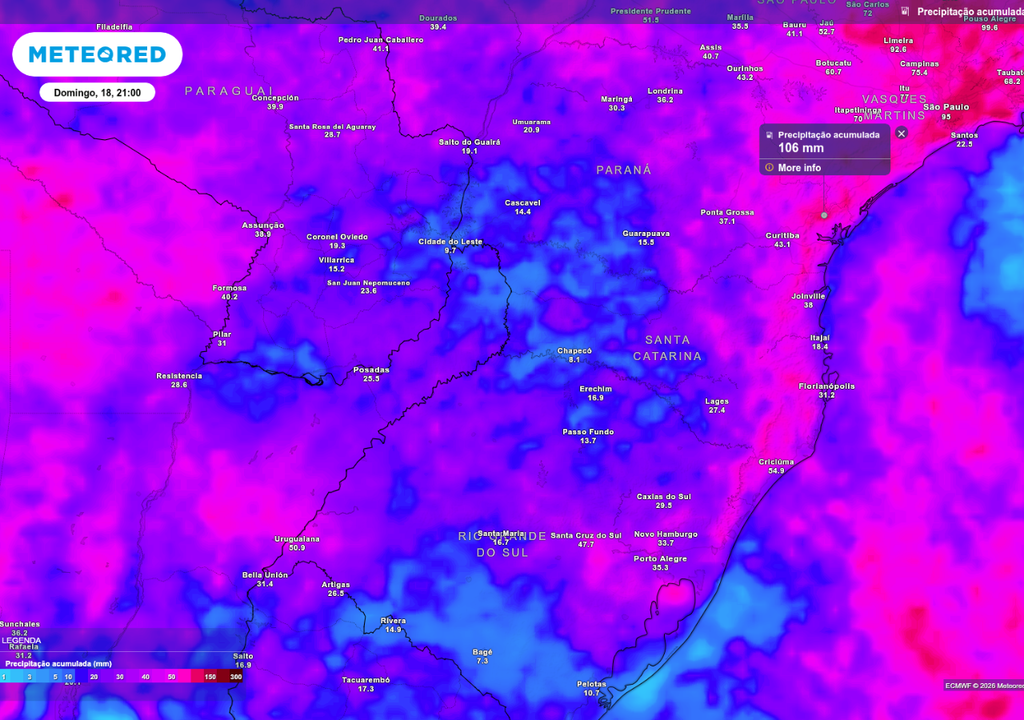 Previsão de chuva acumulada até o final do domingo (18), de acordo com o ECMWF.