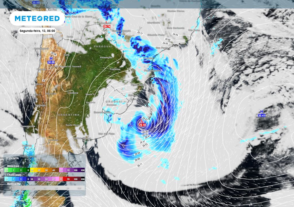 Previsão de pressão, nebulosidade, ventos e chuva na madrugada da próxima segunda-feira.