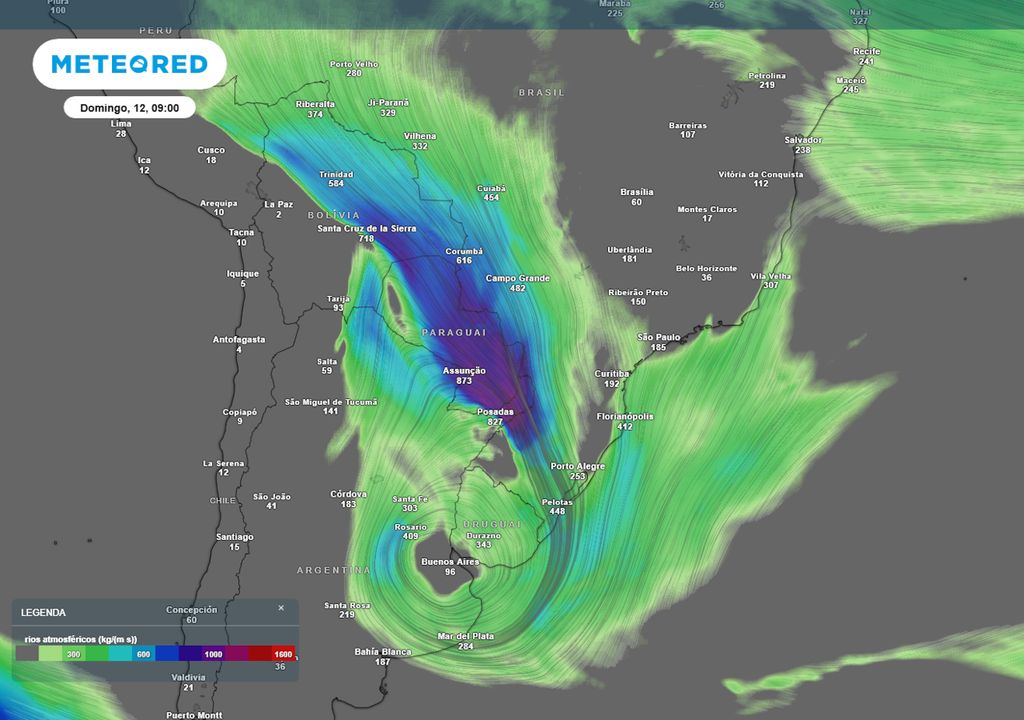 Previsão de rios atmosféricos e ventos no domingo.