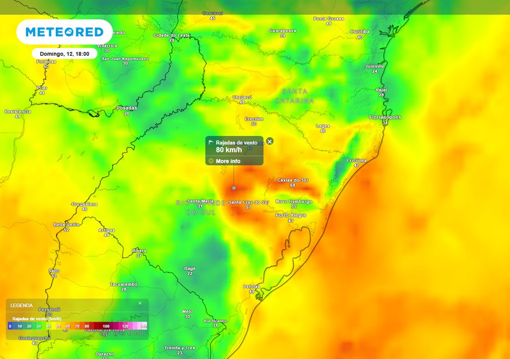 Previsão de rajadas de vento no domingo durante a tarde.