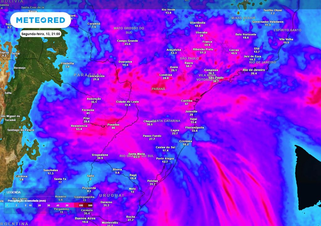 Previsão de acumulados totais de chuva até o domingo.