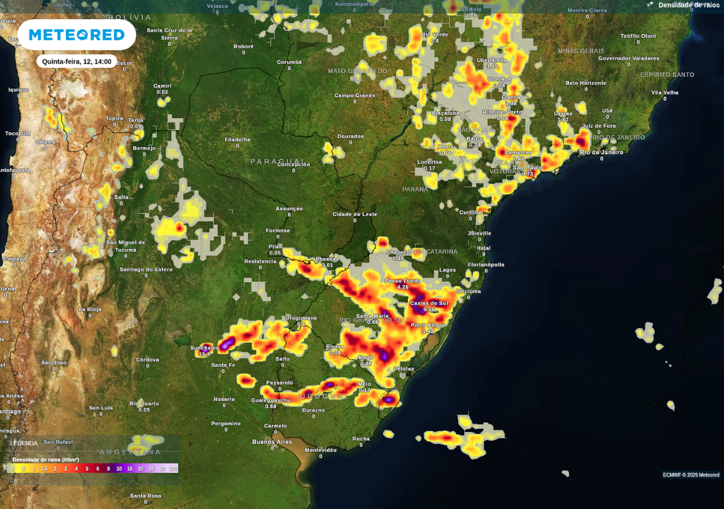 Previsão de tempestades nesta quinta-feira (12), de acordo com o ECMWF.