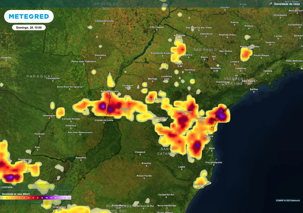 Previsão de tempestades neste domingo (28), de acordo com o ECMWF.