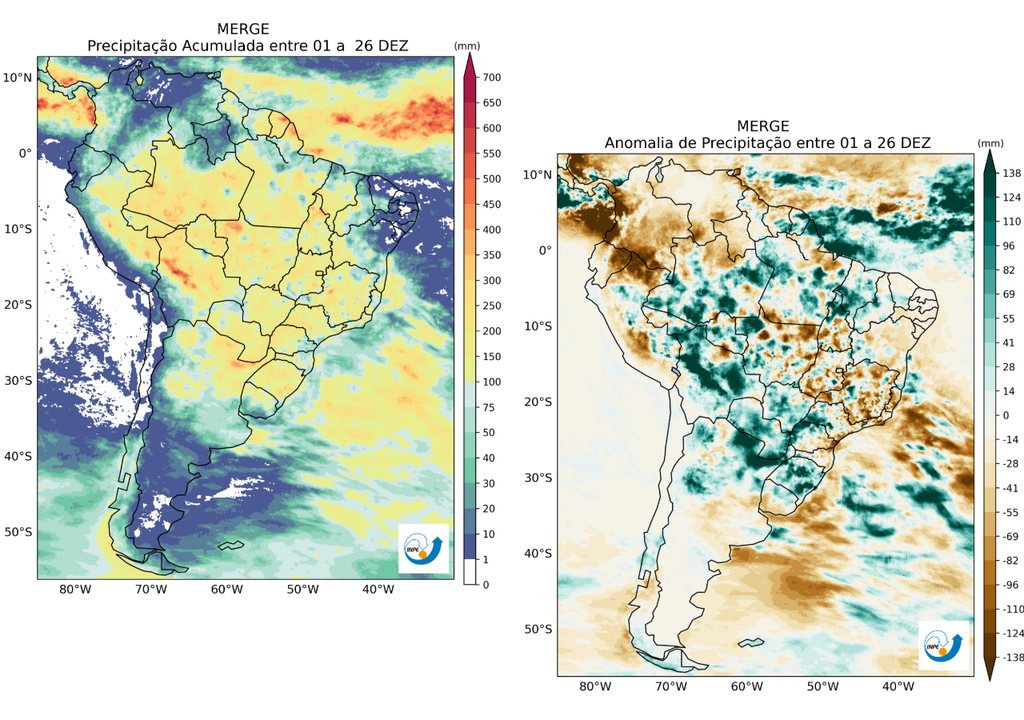 Precipitação acumulada (mm, à esquerda) e anomalia de precipitação (mm, à direita) entre 1 e 26 de dezembro. Créditos: CPTEC/INPE.
