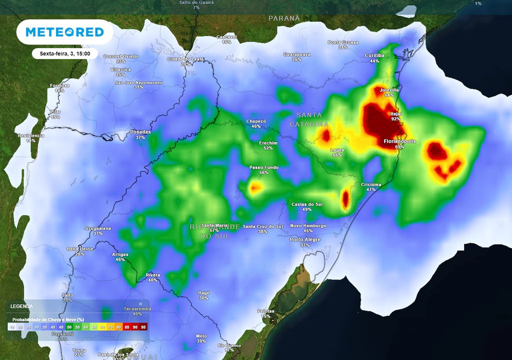 Previsão de probabilidade de chuva na sexta-feira durante a tarde. Previsão de probabilidade de chuva na sexta-feira durante a tarde.