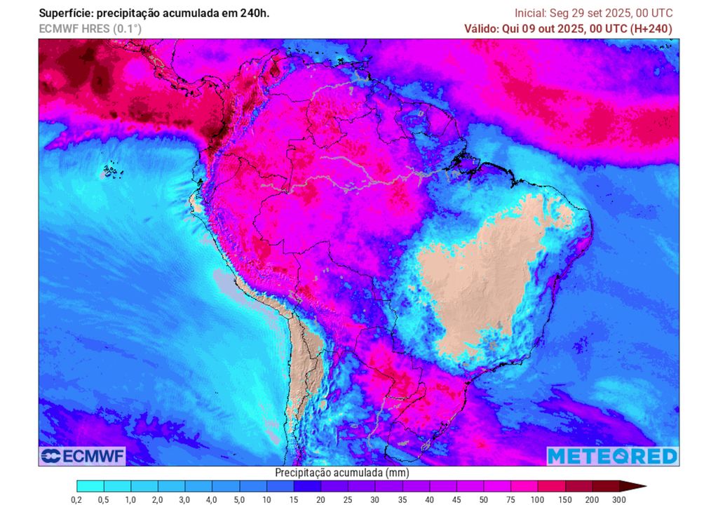 Previsão de acumulados totais de chuva na região Sul até quinta-feira que vem (9 de Outubro). Previsão de acumulados totais de chuva na região Sul até quinta-feira que vem (9 de Outubro).