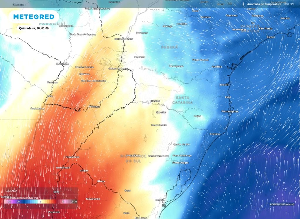 Anomalia em 850 hPa. Massa de ar polar perde intensidade sobre o oeste da Região Sul. Contudo, ar frio continua atuando sobre o centro-leste da Região.