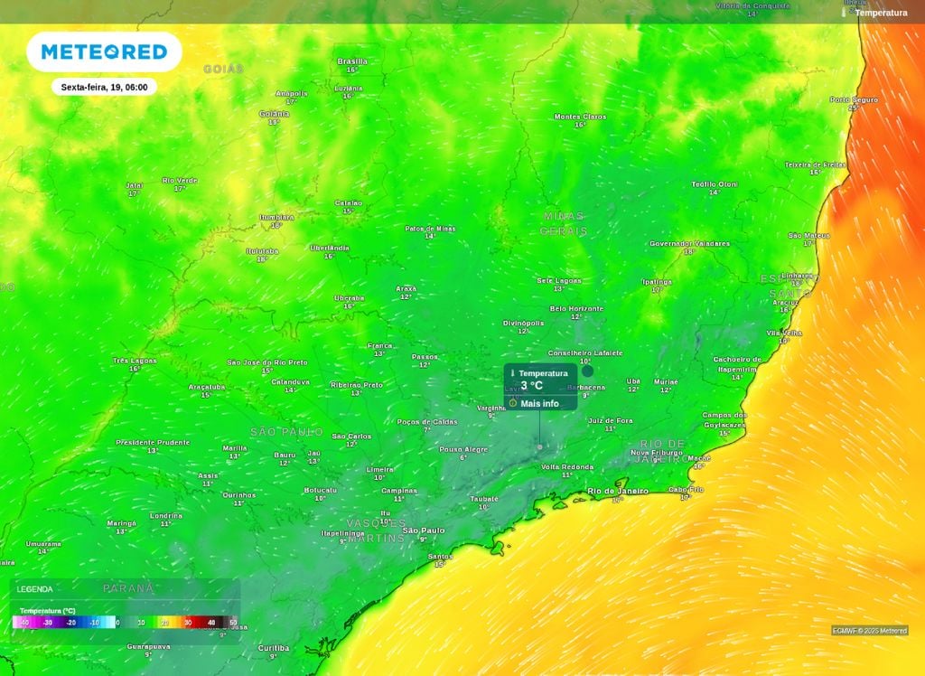 Temperatura mínima. Mínima prevista para esta sexta-feira (19). O modelo ECMWF prevê temperaturas próxima de 3°C na Serra da Mantiqueira.