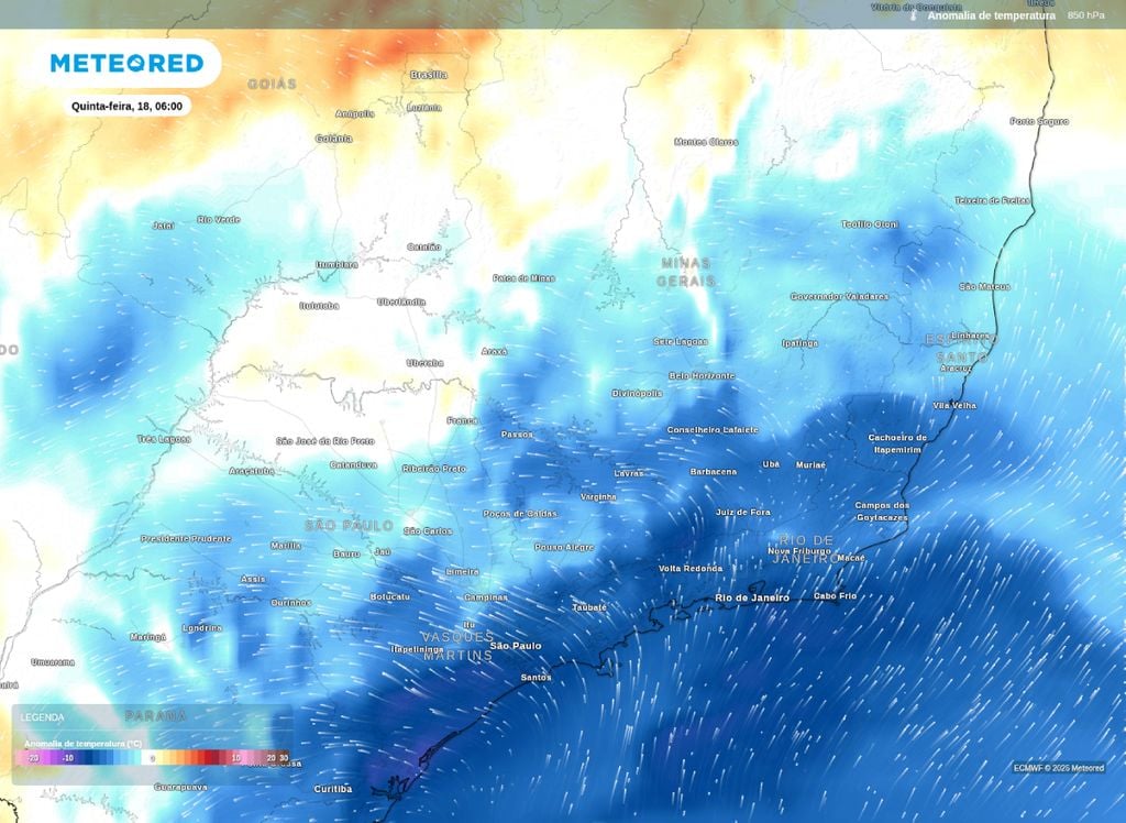 Ar frio ganha força nesta sexta (19). Pulso de ar frio chega ao leste do Sudeste e deixa temperatura baixas nesta quinta (18) e sexta-feira (19).