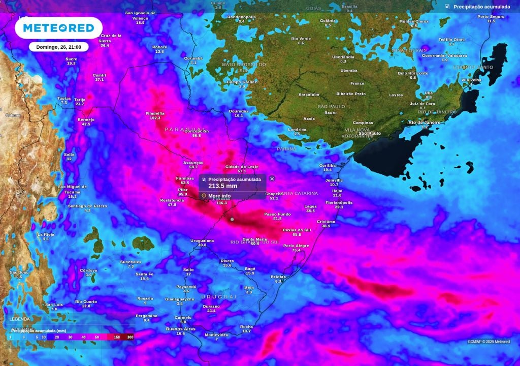 Acumulado de chuva prevista supera os 200 mm em áreas pontuais do RS. Nos demais estados as chuvas serão menos volumosas mas podem provocar problemas.