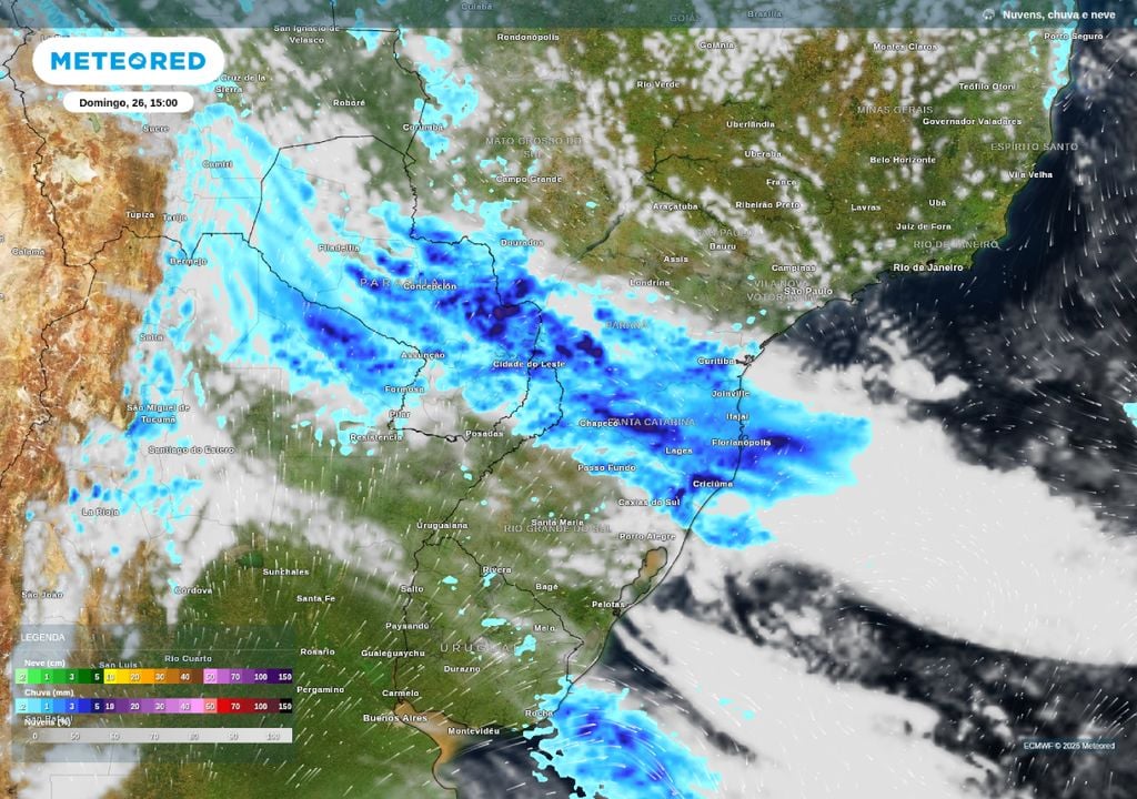 Mapa mostra a previsão de chuvas moderadas a fortes sobre os três estados da Região Sul na tarde de domingo (26).