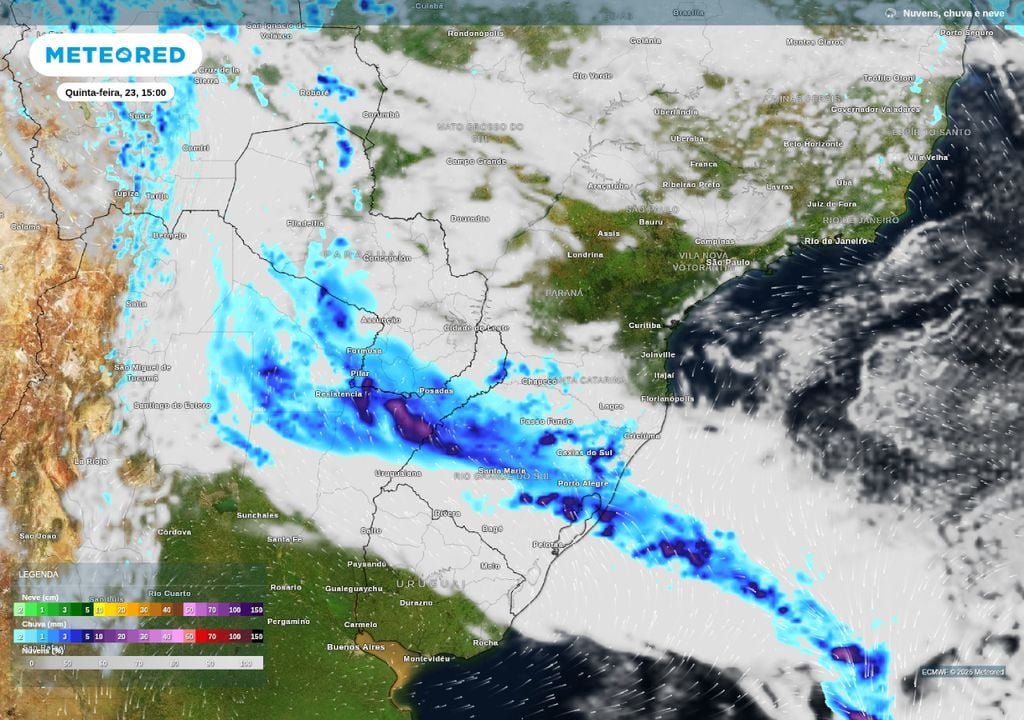 Mapa mostra a previsão de chuva para a tarde desta quinta-feira (23) no Sul do Brasil.